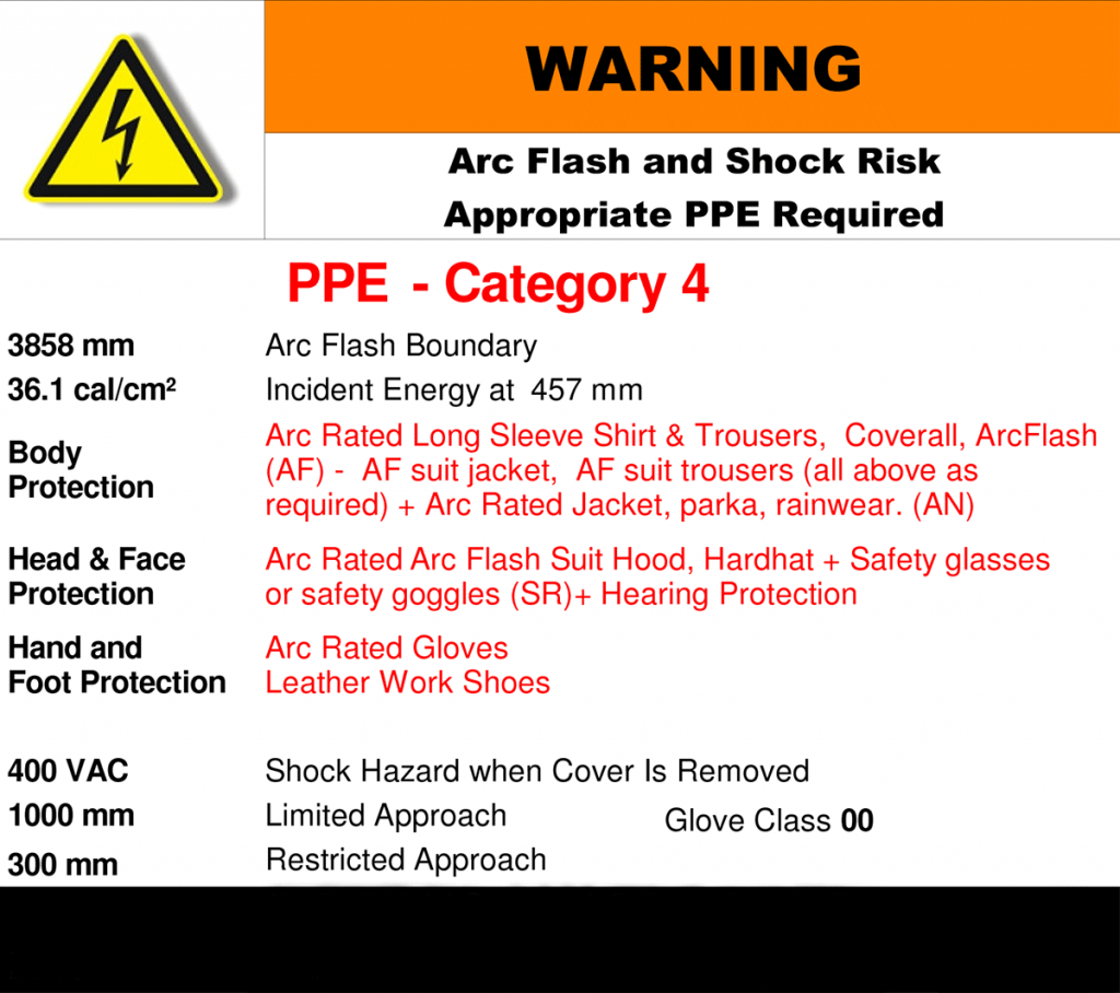 Example arc flash warning label with PPE and boundary information