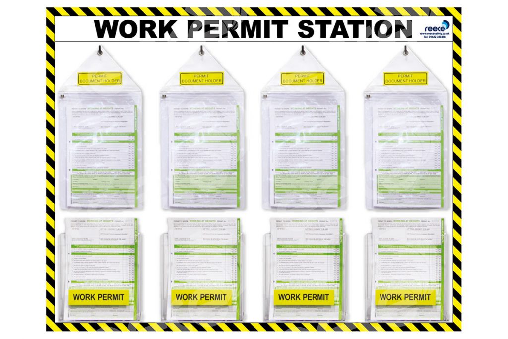 8 permit to work documents hung on a station