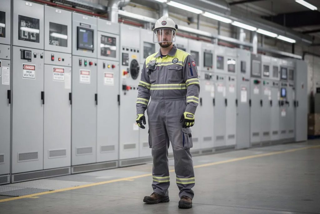 An electrician wearing arc flash protective clothing